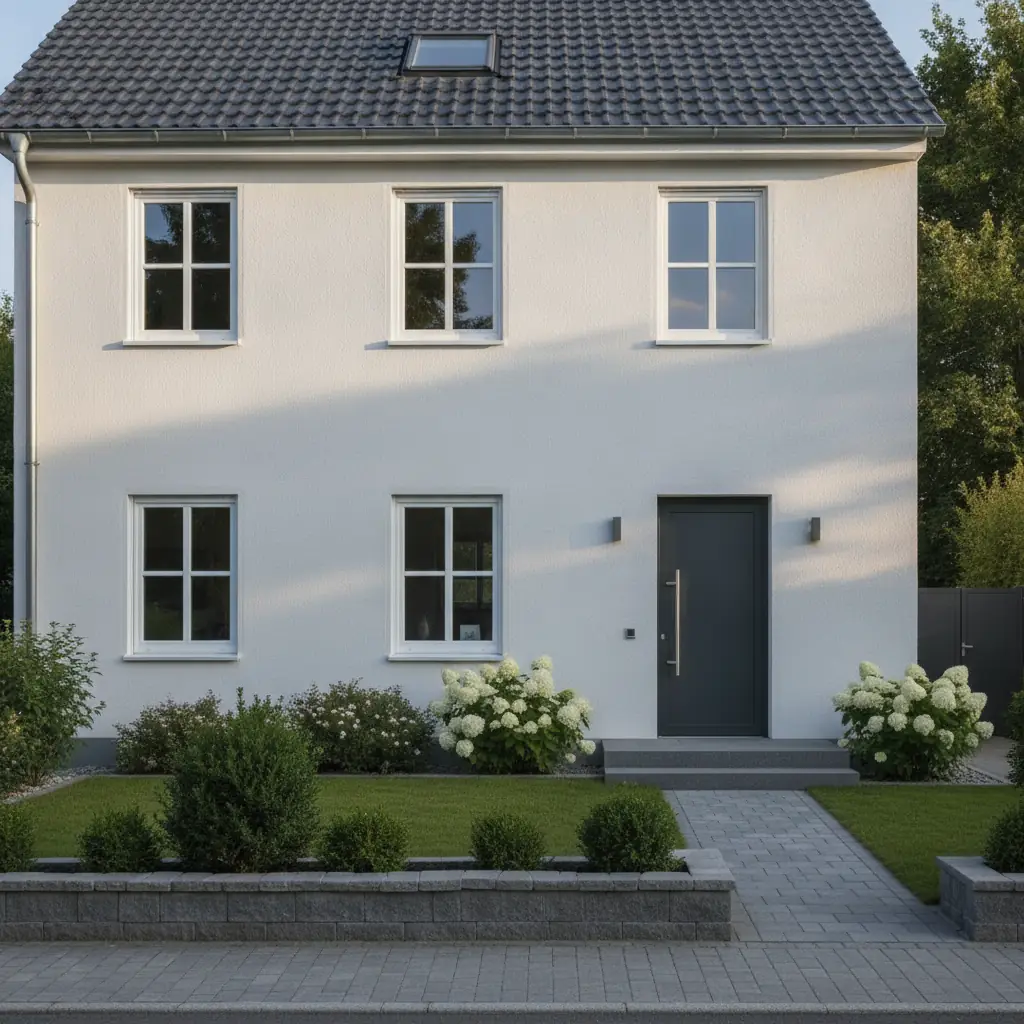 Renoviertes deutsches Haus mit neu eingebauten weißen Fenstern.