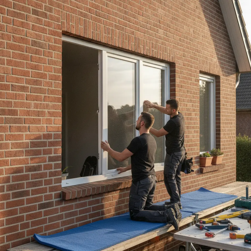 Monteur richtet ein neues weißes Fenster in einem deutschen Wohnhaus aus.